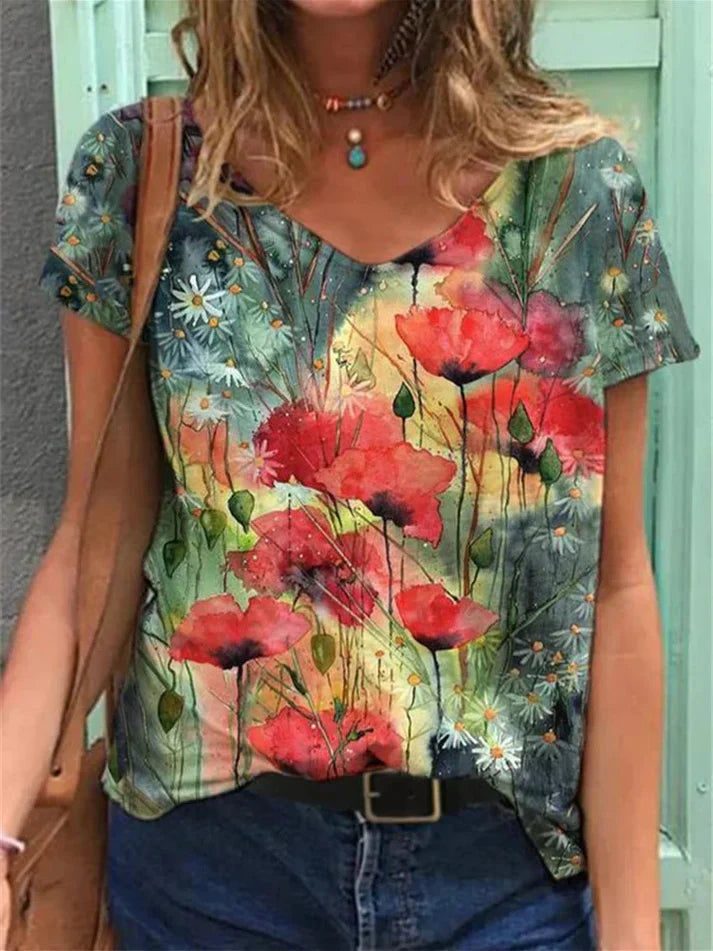 Drune | Shirt Mit V-ausschnitt Malerei Blumenkunst