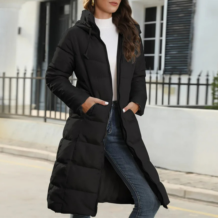Drune | Langer Winter-Daunenmantel mit Kapuze und Gürtel für Frauen Ideal für den Winter