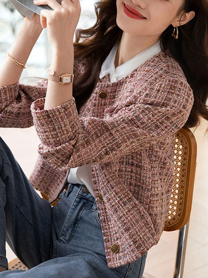 Drune | Elegante Rundhals-Pink-Tweed-Jacke
