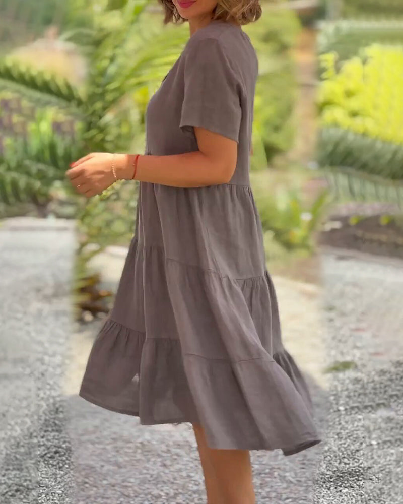 Drune | Einfarbiges Kleid aus Baumwoll-Leinen mit V-Ausschnitt