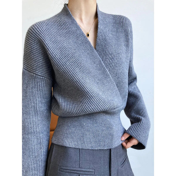 Drune | Klassischer Herbst Wickelpullover mit Statement Ausschnitt für Frauen