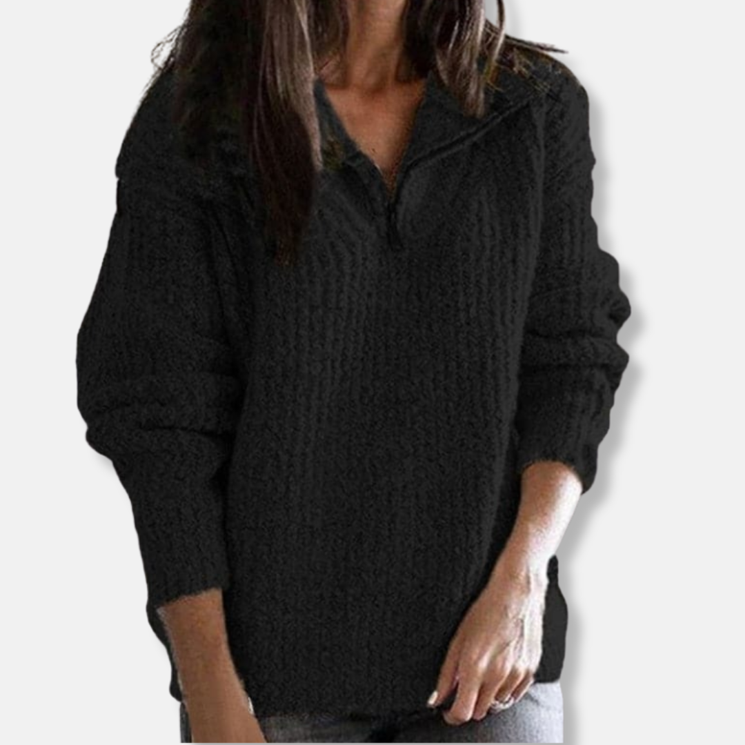 Drune | Geripptes Halb-Reißverschluss-Kragenpullover - Solider Lässiger Schnitt Pullover