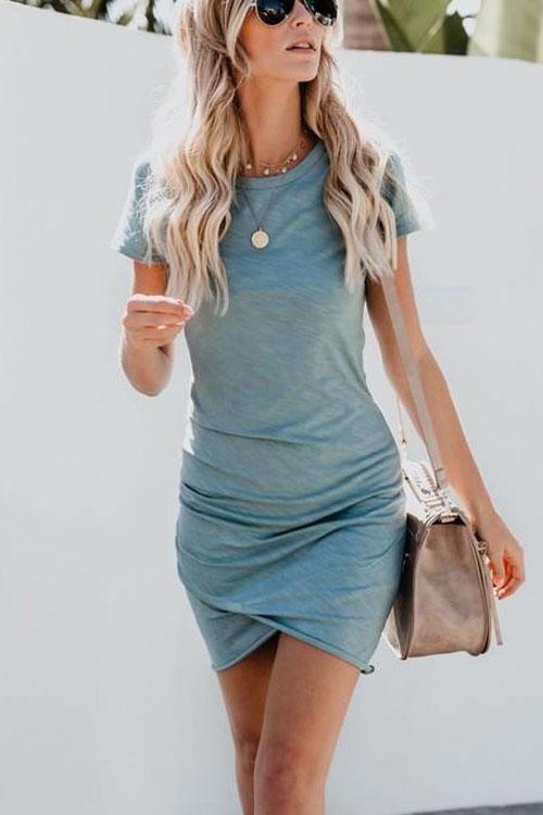 Drune | Rosiedress Kurzarm Raffung Meerwasser Mini Kleid