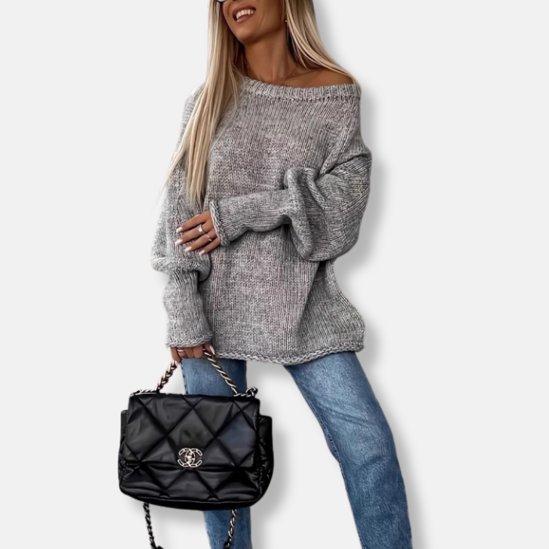 Drune | Sweatshirt - Chunky Knit - Oversized Fit - Off-Shoulder Neck - Balloonärmel