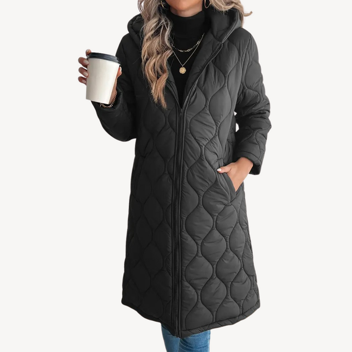 Drune | Damen Schwarz Steppkapuzen-Puffermantel