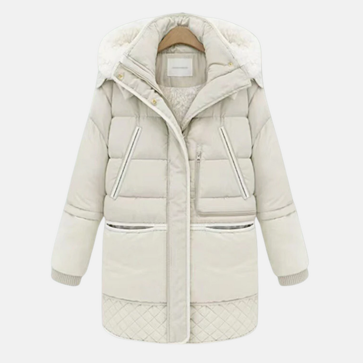 Drune | Damen Steppmantel – Oversized Lässiger Schnitt – Plüschkapuze – Rippbündchen – Mittellange Länge
