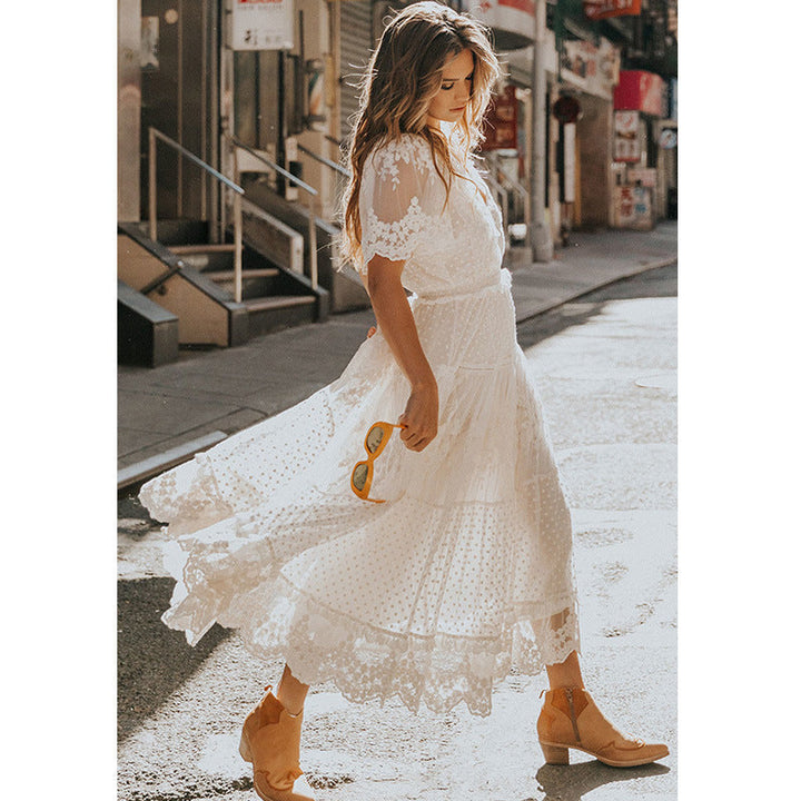 Drune | Chiffon Spitze Kurze Ärmel Boho V-Ausschnitt Maxi Kleid