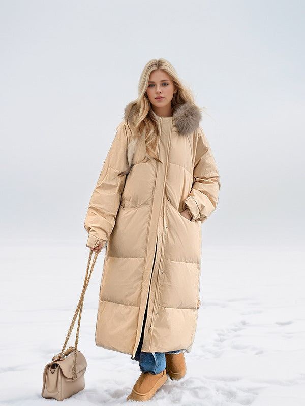 Drune | Glamouröse Überknie Baumwolljacke mit Fellkragen