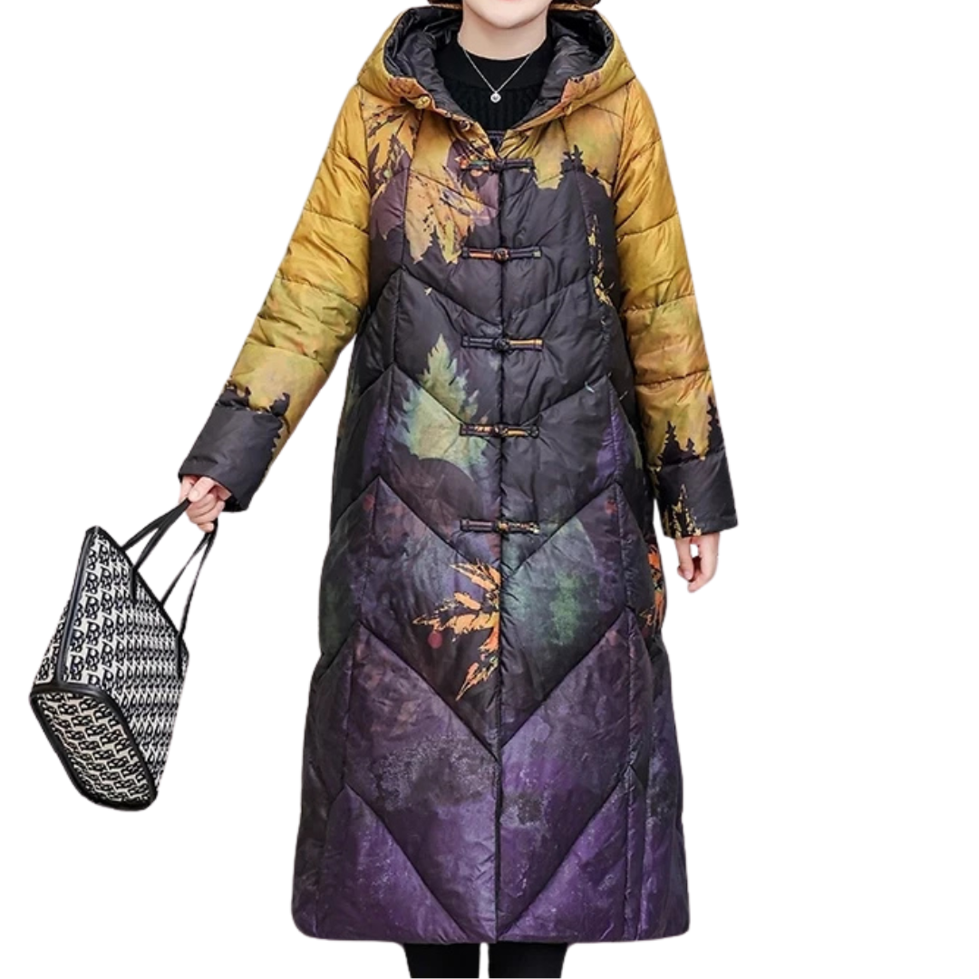 Drune | Damen Lange Winter Puffermantel Blattdruck
