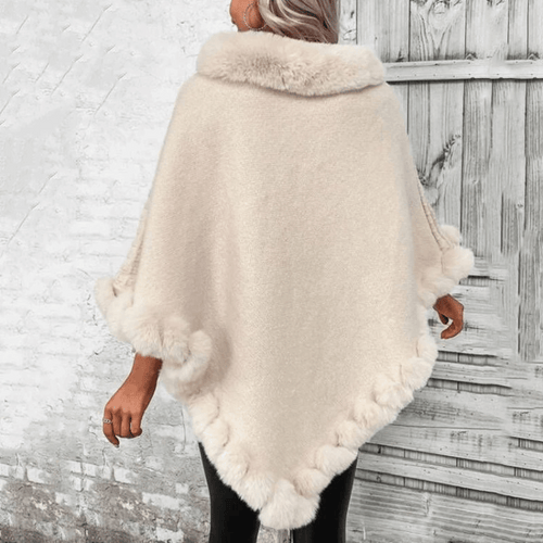 Drune | Poncho mit weicher Webstruktur – stilvoller Damenponcho mit Kragen und Kunstpelzabschluss