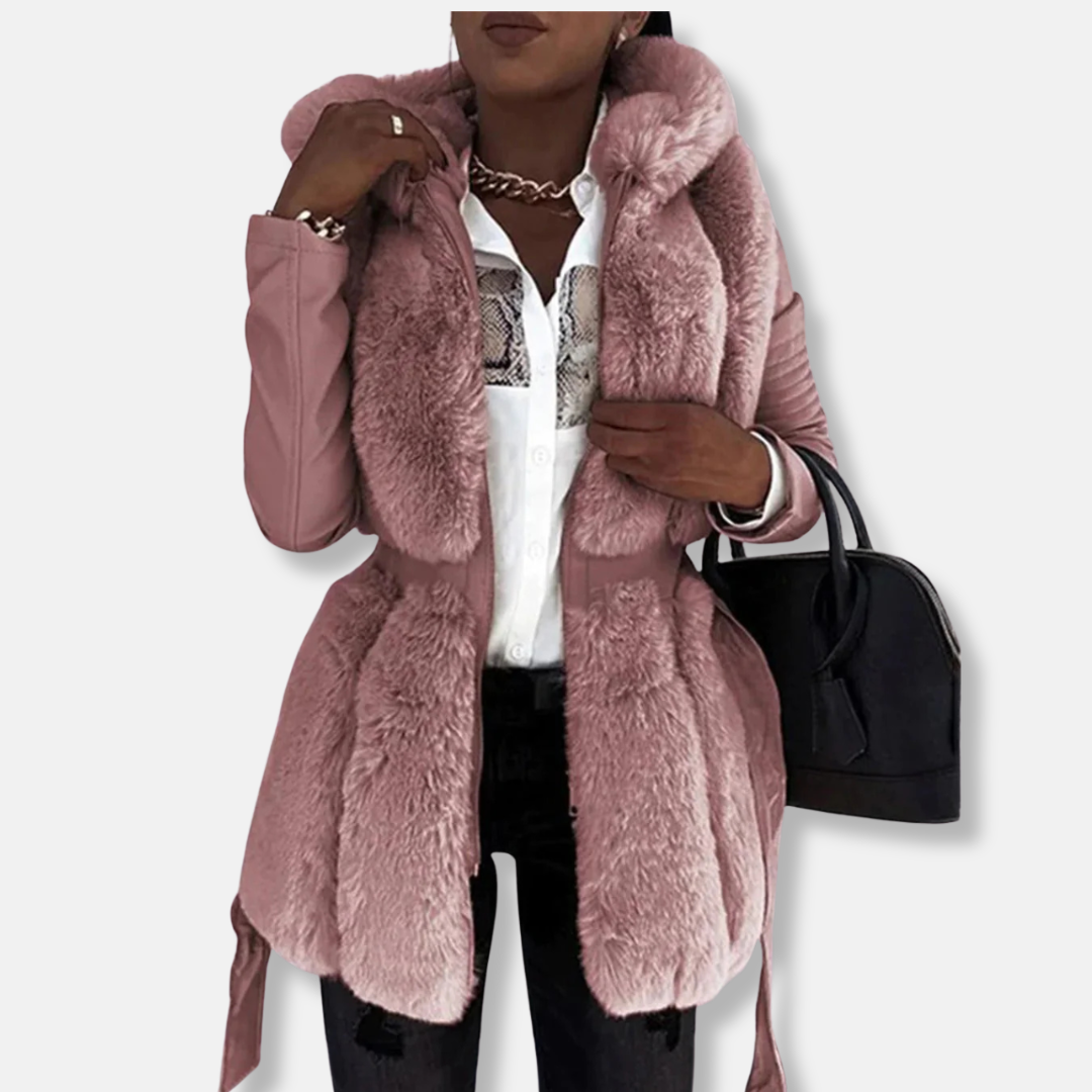 Drune | Damen Mid-Length Mantel – Faux Fur Front – Taillierte Passform – Gürtelschlaufe in der Taille – Lange Ärmel