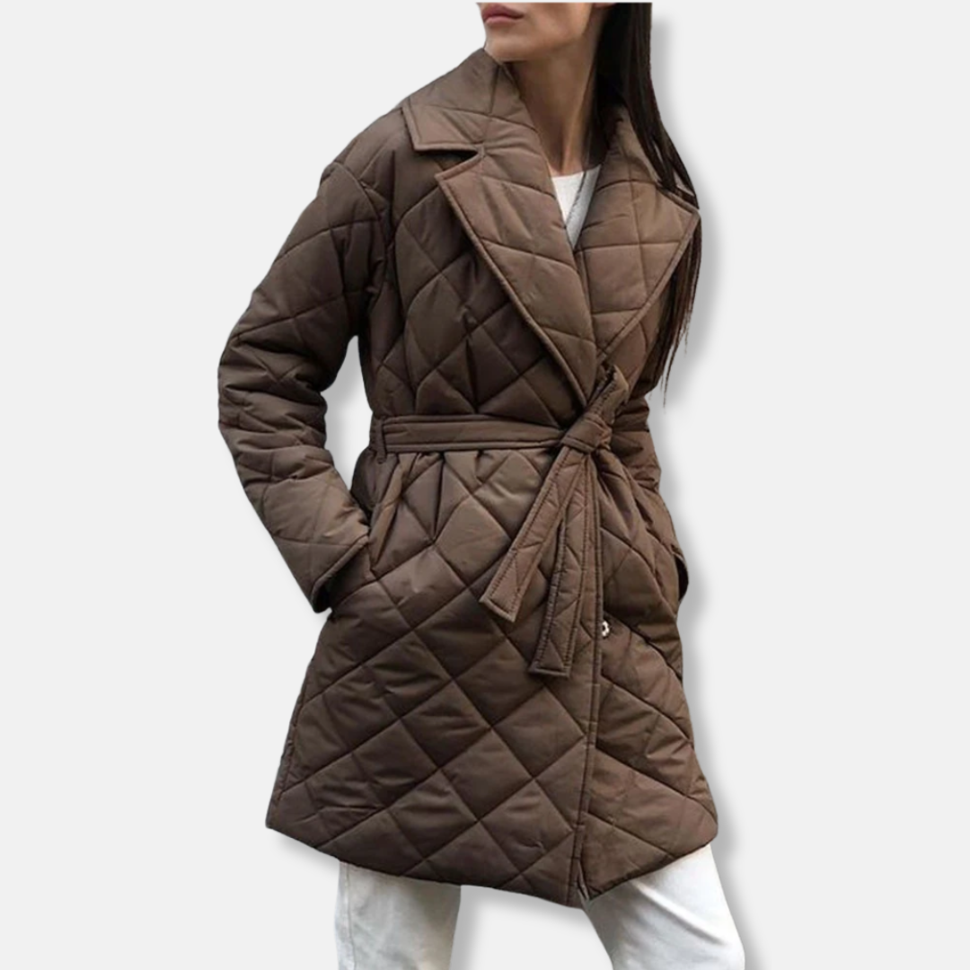 Drune | Damen Steppmantel – Mid-Length mit Gürtel – Diamantmuster – Reverskragen – Seitentaschen