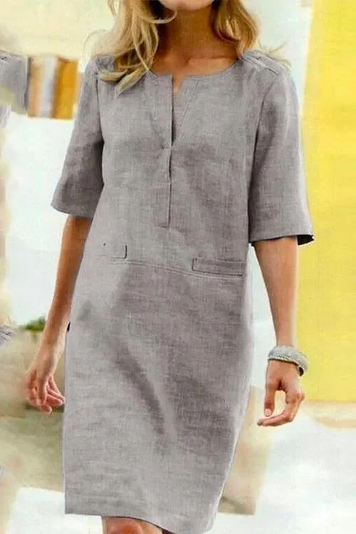 Drune | Gerade Kleid mit Kurzen Ärmeln aus Baumwolle und Leinen