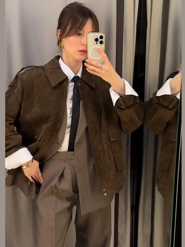 Drune | Wildlederlook Jacke mit Reißverschluss und Reverskragen