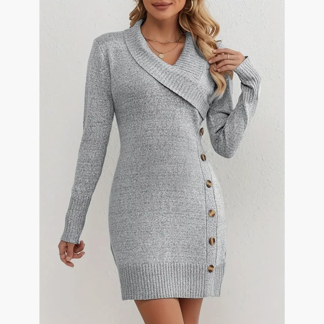 Drune | Elegantes Kleid mit Knopfdekoration im V-Ausschnitt für Frauen