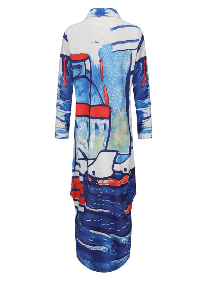Drune | Langarm Kleid mit Gesichtsmuster in Blau und Weiß