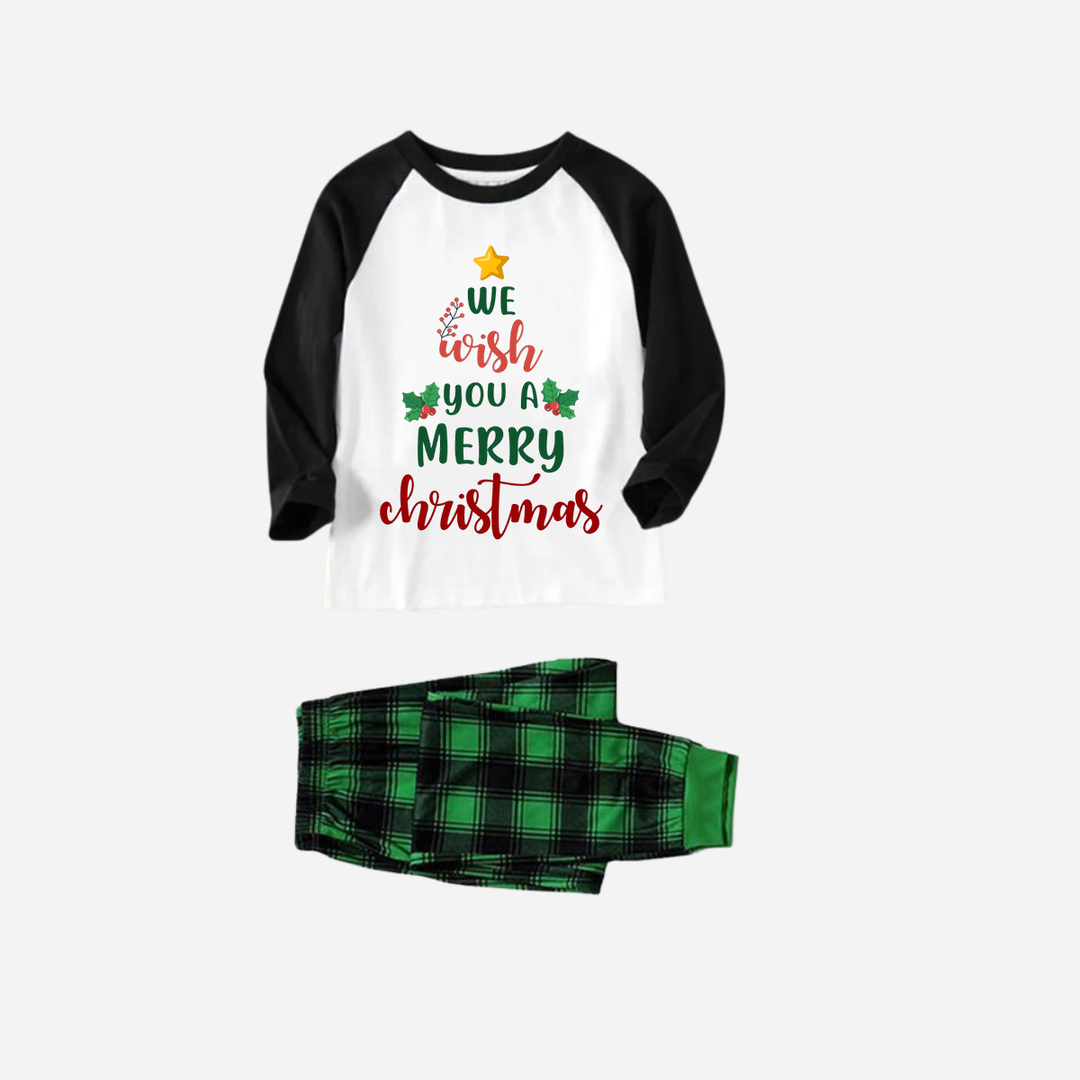 Drune | Schwarzes Raglan-Oberteil Grüner Karierter Weihnachts-Pyjama-Set Mit "We Wish You a Merry Christmas" Textdruck