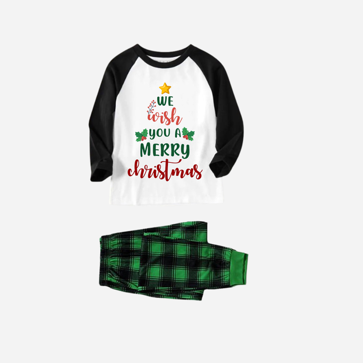 Drune | Schwarzes Raglan-Oberteil Grüner Karierter Weihnachts-Pyjama-Set Mit "We Wish You a Merry Christmas" Textdruck