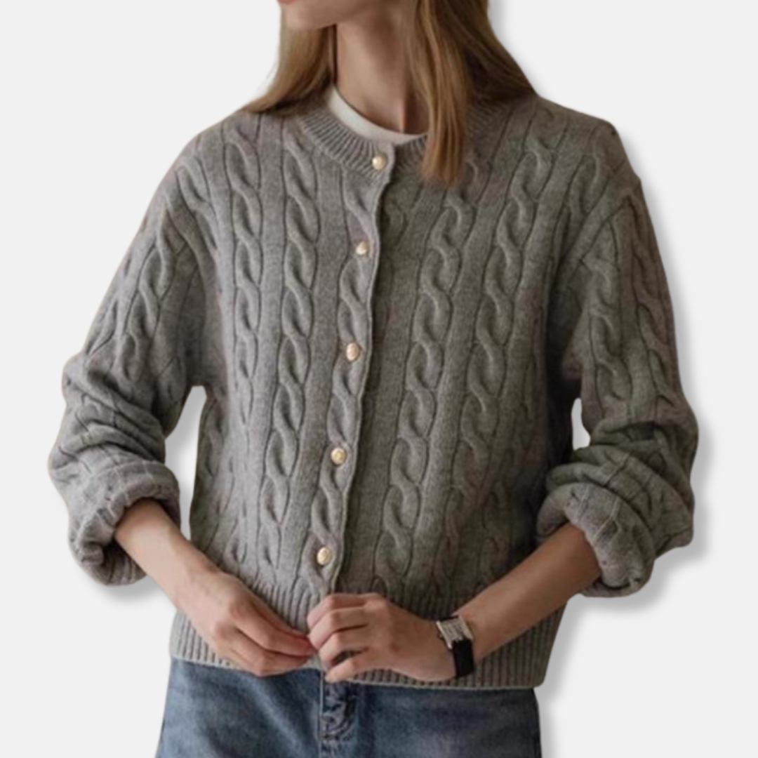 Drune | Wolle Kabelstrick Strickjacke Gekürzter Rundhals Strickjacke
