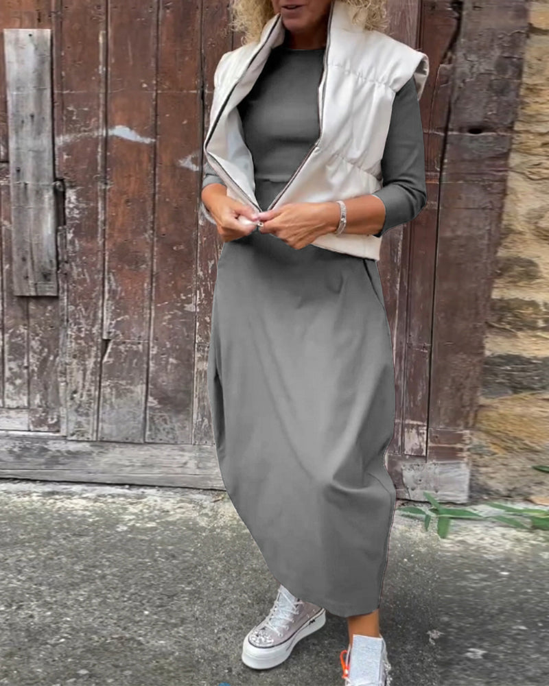 Drune | Schlichtes Einfarbiges Elegantes Kleid mit Langen Ärmeln und Tasche