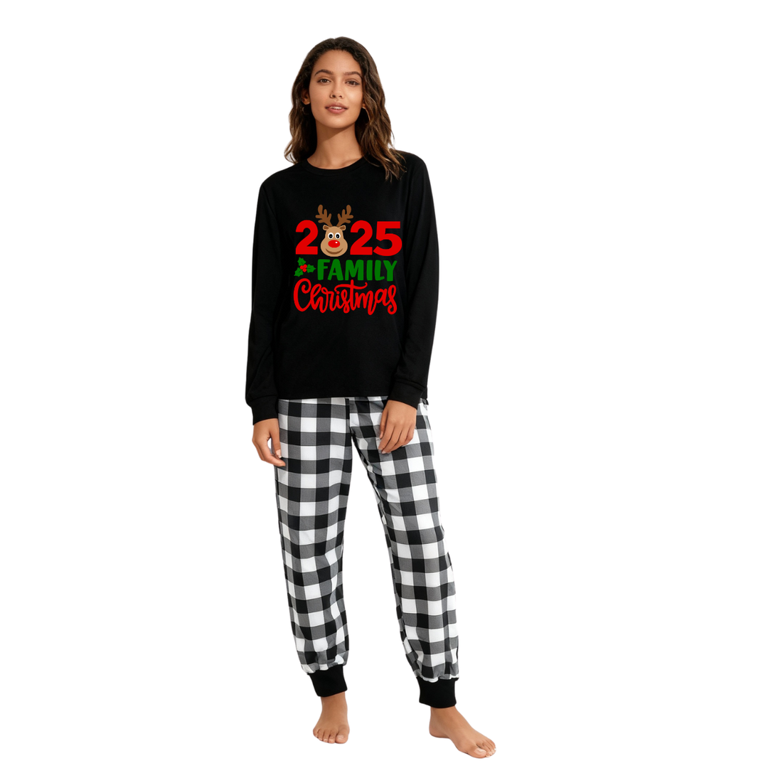 Drune | "2025 Familie Weihnachten" Elch Brief Druck Schwarz Langarmtop mit Schwarz- und Weißkarierten Hosen Familie Passende Pyjamas