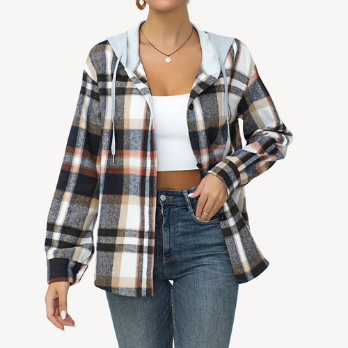 Drune | Damen Karo Button-Down Shaket mit Kapuze