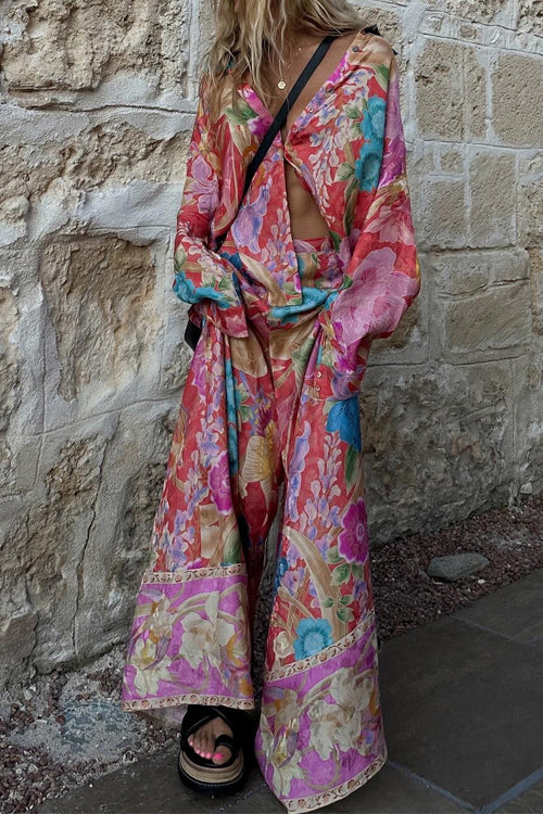 Drune | Rosiedress Langarm Bluse mit Knopfleiste und Weite Hosen Blumenmuster Set