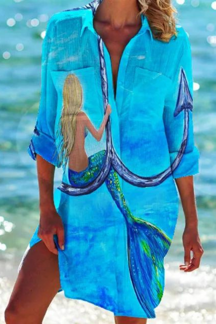 Drune - Lange Strandbluse mit Meeresmotiv