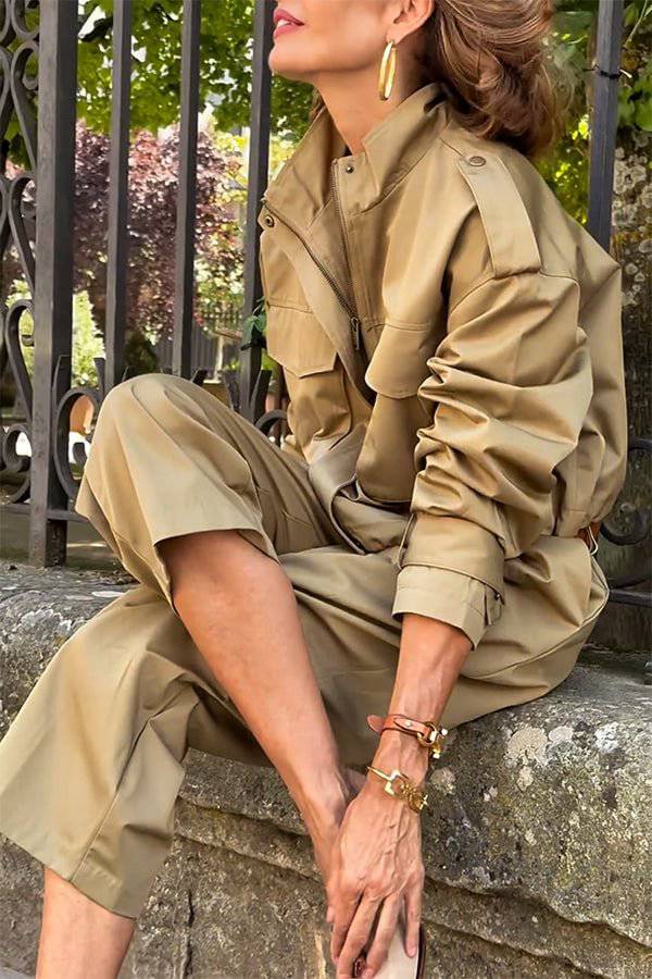 Drune | Charm Strap Details Pocketed Cargo Stil Reißverschluss Lockere Jacke