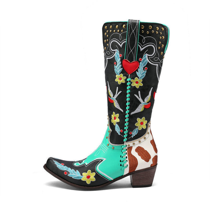 Drune | Denim Western Schuhe Damen Leder Stiefel Fantastische Stickerei