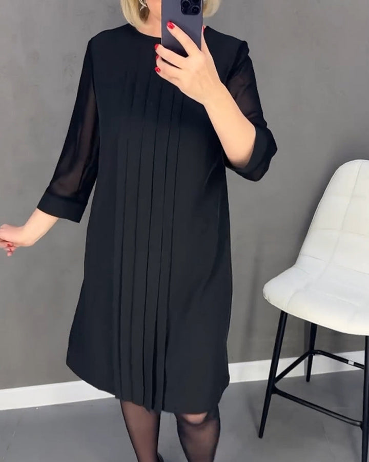 Drune | Einfarbiges Plissiertes Patchwork Mesh Kleid