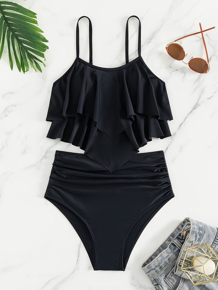 Drune | Raffung, Geschichtete Zweiteiliges Schwarzes Tankini für Damen