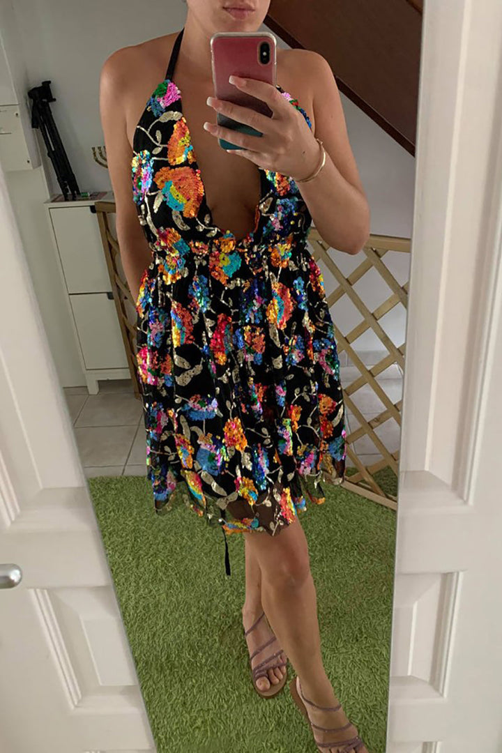 Drune | Regenbogen Pailletten Offene Rücken Slip Mini Kleid