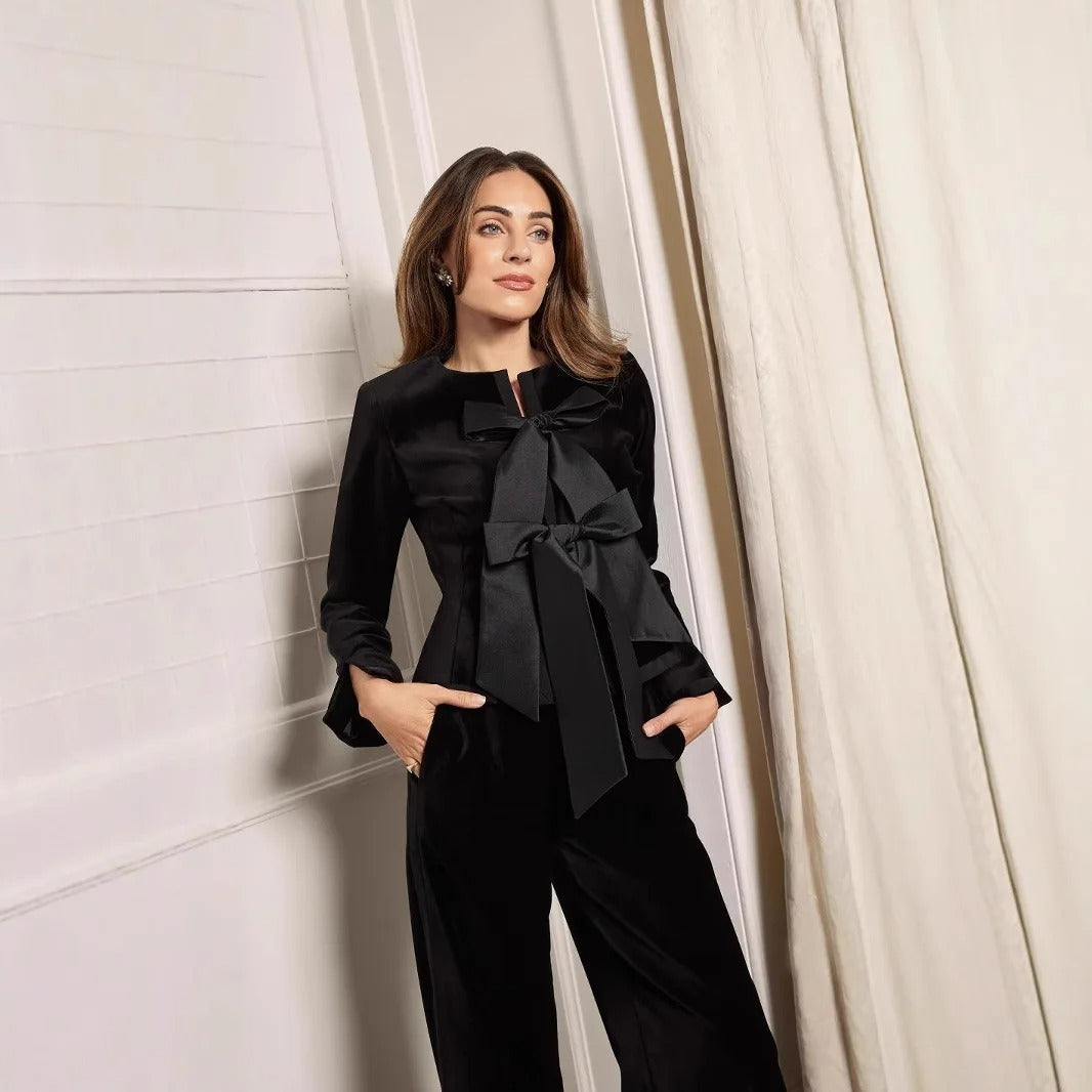 Drune | Peplum-Jacke aus Taft mit Samtschleifendetail