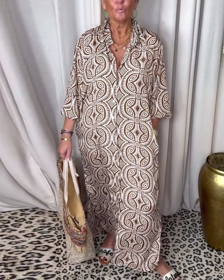 Drune | Vintage Bedrucktes Maxikleid mit Reverstaschen