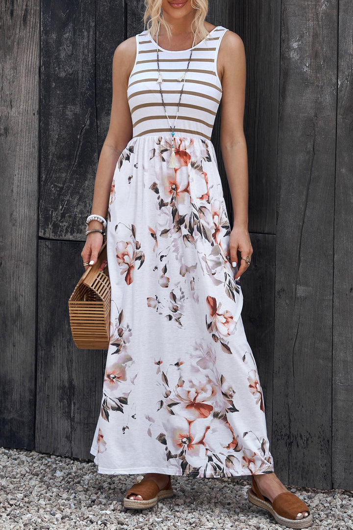 Drune | Gestreiftes Floral Rundhals Ärmelloses Maxikleid