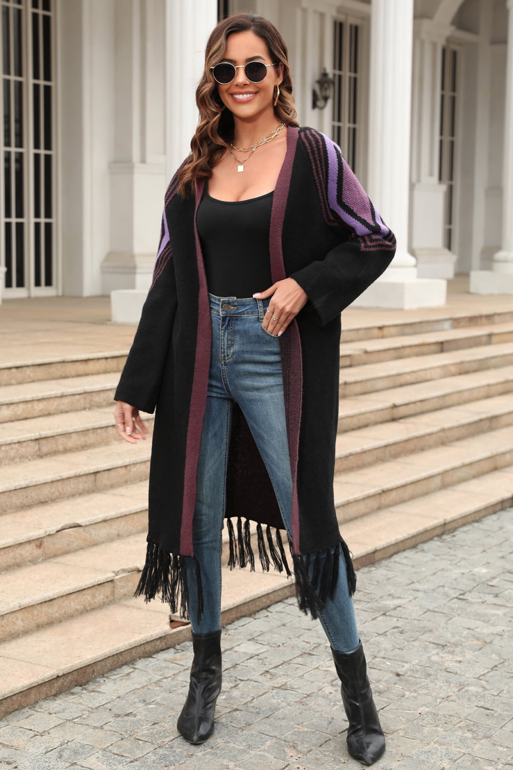 Drune | Geometric Fringe Hem Offene Front Duster Cardigan