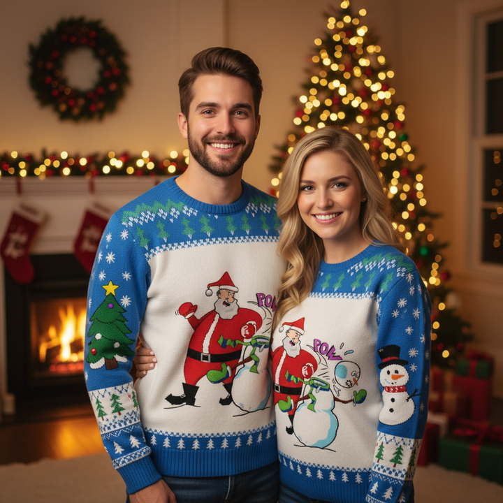 Drune | Verrückter Weihnachtsmann & Schneemann Muster Druckpullover - Hässlich & Gemütlich Unisex Pullover
