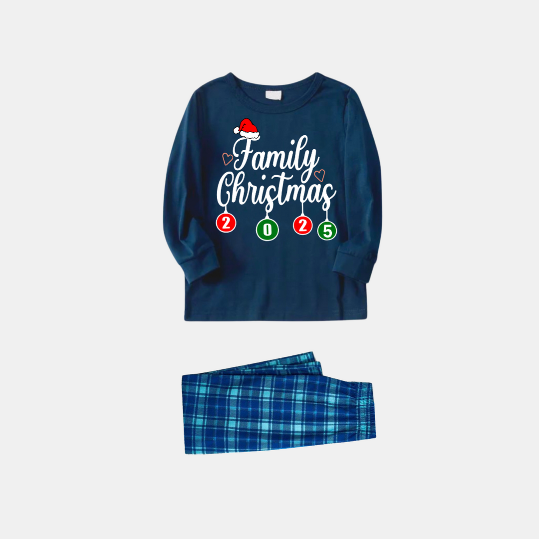 Drune | "Familienweihnachten 2025" Briefdruck Blau Langarmshirt Mit Blauer Karierter Passenden Familienpyjama