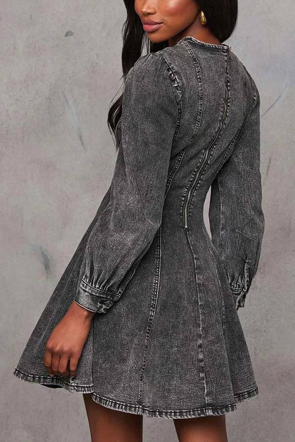 Drune | Fade Into You Denim Prinzessinnenlinie Rückenreißverschluss Flare Stretch Mini Kleid