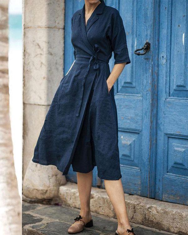 Drune | Baumwoll-Leinen Gürtelkragen Kleid