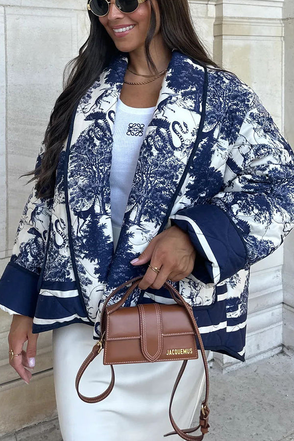Drune | Songs Porzellan Tinte Bedruckte Tasche Gesteppt Baumwolle Kimono Jacke