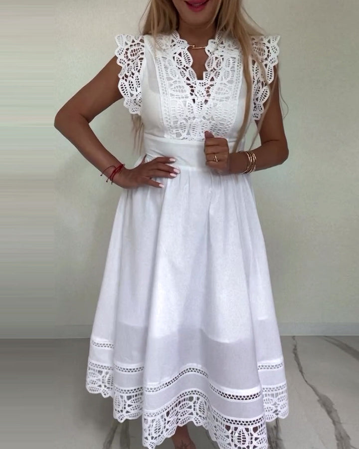 Drune | Elegantes Ärmelloses Kleid aus Einfarbiger Spitze mit V-Ausschnitt