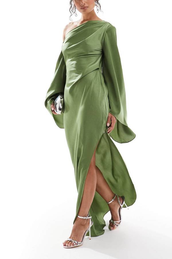 Drune | Zayla Satin Asymmetrisches Ein Schulter Glockenärmel Schlitz Maxi Kleid