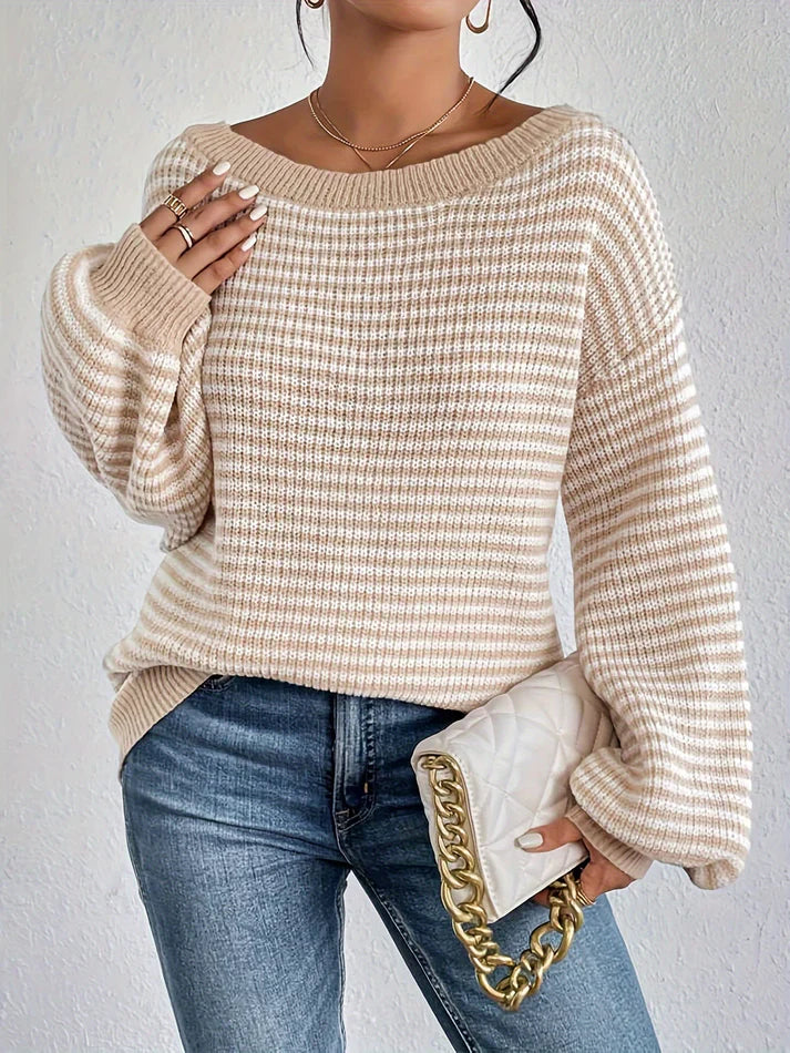 Drune |  Schulterfreier Baumwollpullover mit Streifen, elastischem Stoff und Rundhalsausschnitt Pullover Damen - Ideal für Frühling