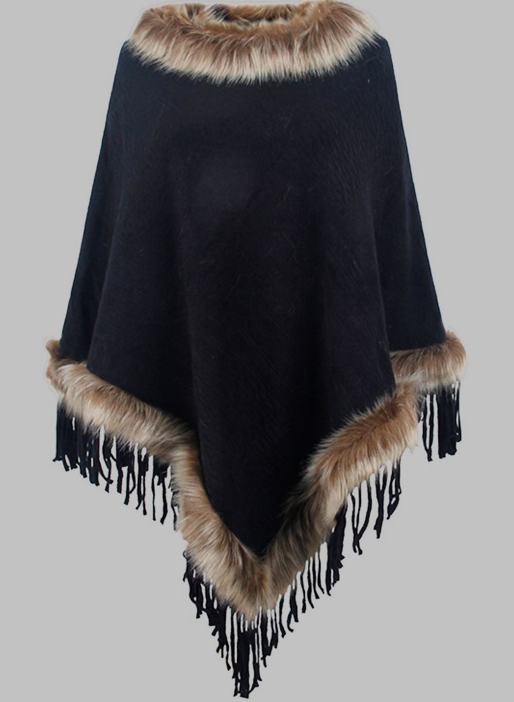 Drune | Elegante Damen Poncho mit Pelzkragen und Fransen