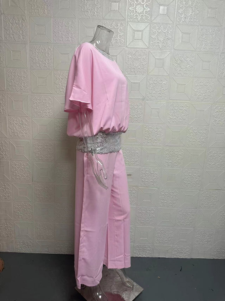 Drune | Rundhalsausschnitt Pailletten Farbe Matching Batman Wide Leg Pants Set