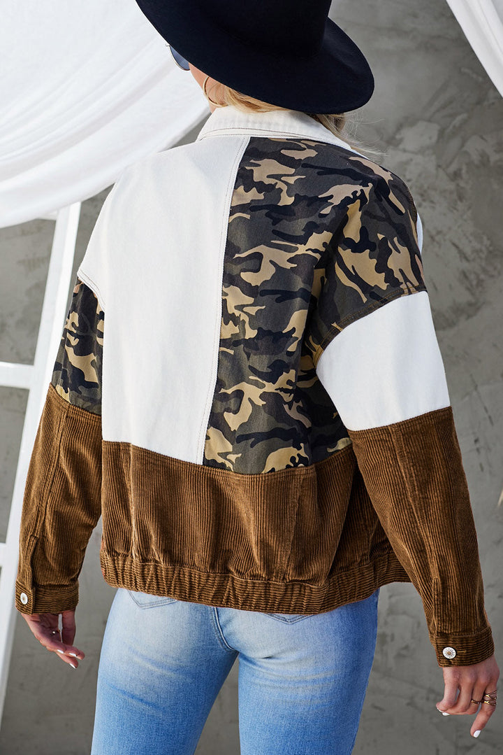 Drune | Leopard Farbblock Knopfleiste Cord Baumwolljacke