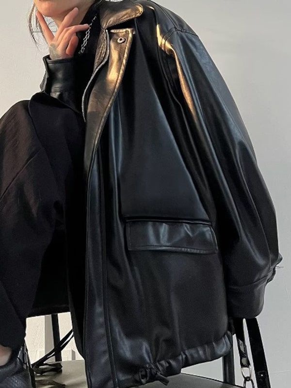 Drune | Übergroße schwarze vegane Lederjacke mit Reißverschluss