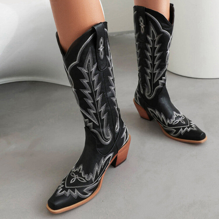 Drune | Bestickte Lange Kniehohe Stiefel Spitz Zehe Chunky Absatz Hoher Absatz